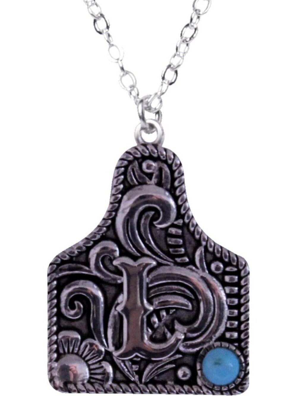Western Cattle Tag Initial Necklace - 925 Sterling Silver & Kingman Turquoise